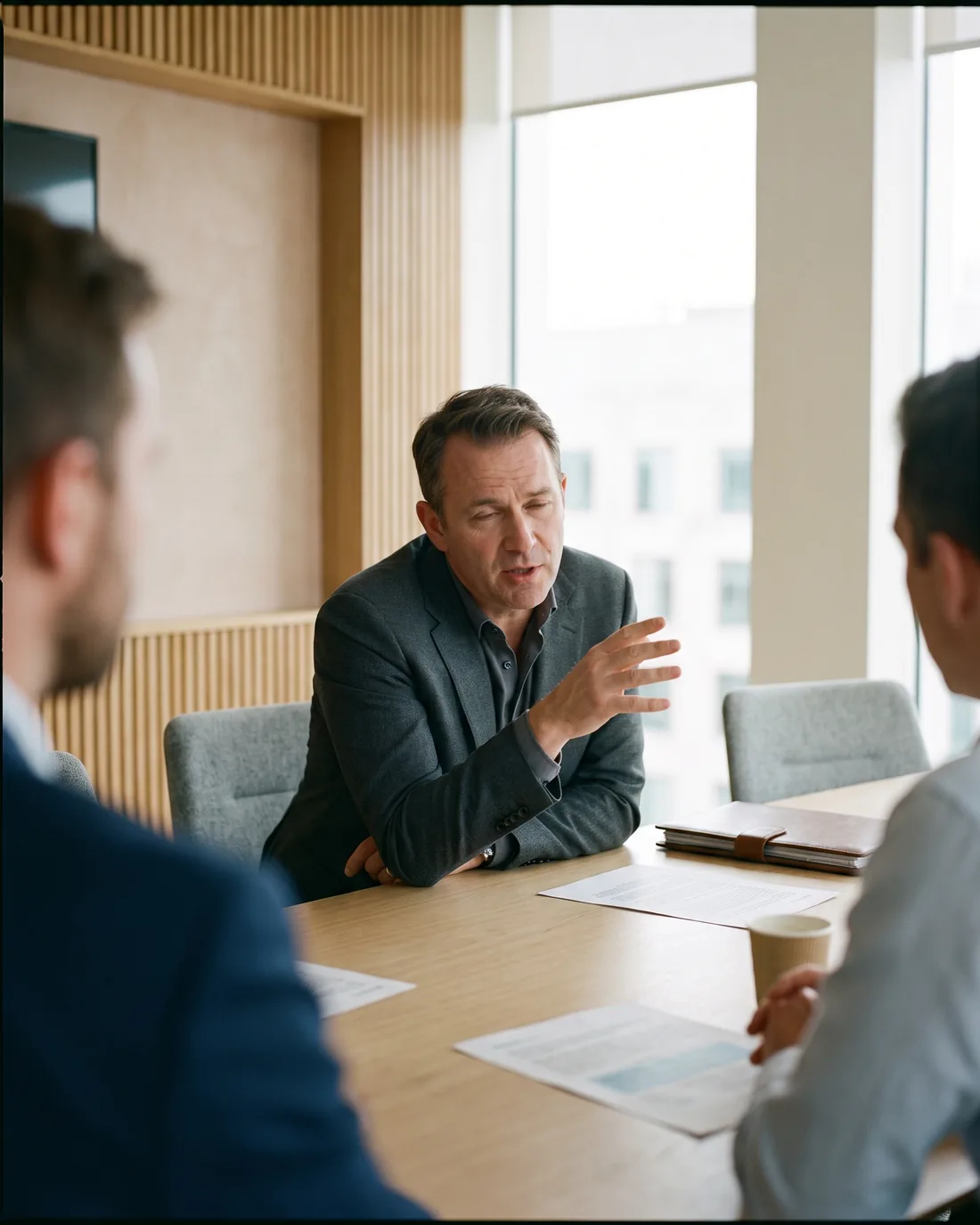 A senior CRO reviewing the work in a calm Frankfurt boardroom